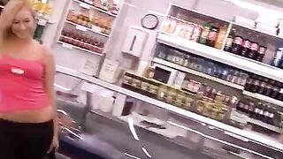 A stunning blonde thief gets fucked right behind the cashier