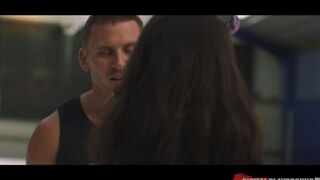 A cute fan has sex with a hockey player in the stadium during a break