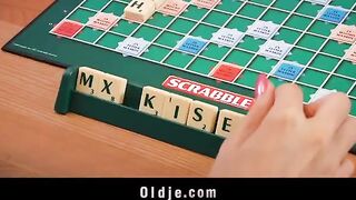 The sexy blonde has fun with a timid and old peasant in the kitchen