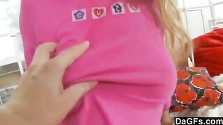 A cute young blonde plays with her new toy and reaches a bright future