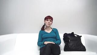 Redhead with small nipples agreed to do a blowjob at the casting