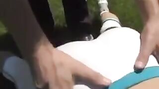 Busty brunette woman gets cum on her tits while fucking on the couch