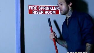 Beautician Abigail Mac fucks with cleaner in the back room