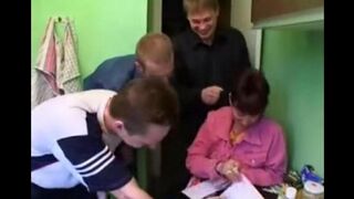 Foursome sex with Russian mom and three guys in the kitchen