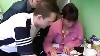 Foursome sex with Russian mom and three guys in the kitchen