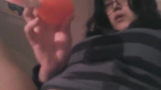 A young brunette gets a powerful vibrator and shows what she can do with it