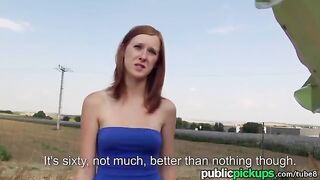A red-haired girl is fucking in a haystack, her tits are beautiful