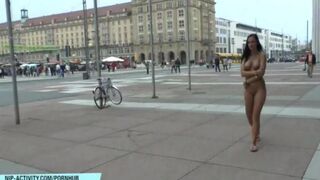 A naked chick is walking on the streets of the city and getting fucked by strangers