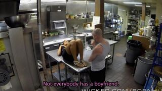 A girl was tired and wanted to relax after work in the kitchen