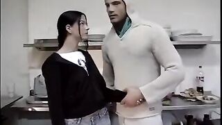 The depraved guy fucked a virgin brunette in the kitchen hard