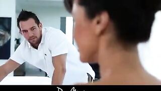 Rubbing oil on tits and getting fucked hard