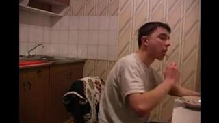 The mother, tired of cancer, fucked her son in the kitchen