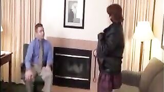 A fat woman serves her boss in pantyhose and heels, showcasing her allure