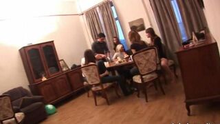 Two Russian students arranged a gangbang at the party, reminiscent of steamy homemade swinger scenes