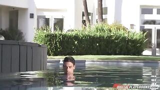 A hot girl is fucking in the pool, her huge tits bouncing