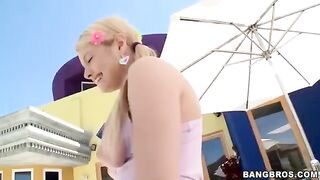 The blonde girl sucks a long dick with great pleasure