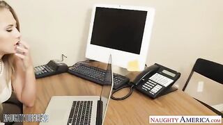 A blonde in a short skirt and stockings fucks like an office tramp