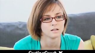 Brunette woman at the porn casting, she has small boobs and glasses