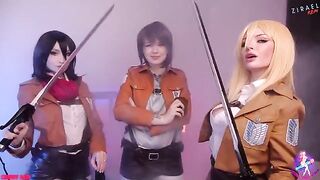 Cosplay threesome with Mikasa, Sasha, and Historia in HD