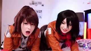 Cosplay threesome with Mikasa, Sasha, and Historia in HD
