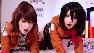 Cosplay threesome with Mikasa, Sasha, and Historia in HD