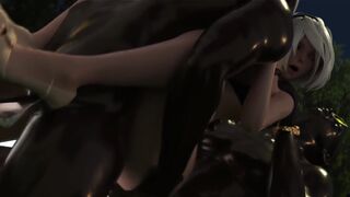 2B enjoys double penetration in the park under the night sky