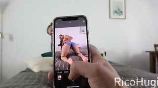 A step sister gives a blowjob while her boyfriend is on the phone with her