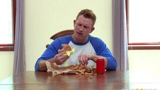 The wife fucked herself in the kitchen with a cucumber