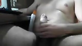 The guy was sitting in front of the computer and masturbating his dick