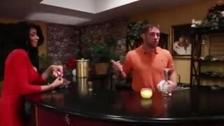 Sexy brunette with fake tits fucks bartender on the couch