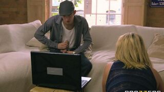 A big-breasted blonde MILF fucks her daughter's boyfriend on the couch