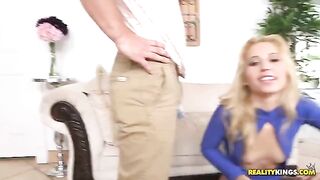 A blonde woman with a hole in her breast was fucked on the couch