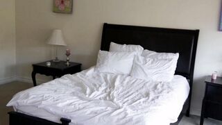 Two cute blondies are having fun in the bedroom, exploring each other delicately