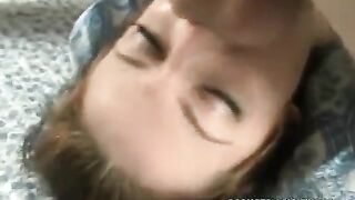 The cute girl gently holds and sucks the cock of her boyfriend