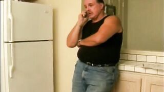 An aged woman receives a stream of hot sperm from a young man