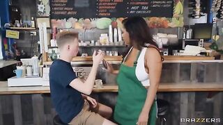 Big tits coffee and barista action in coffee shop