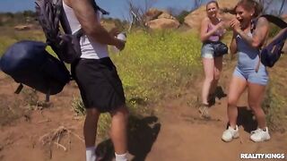 A girl was taken by strangers on the hike and fucked outdoors