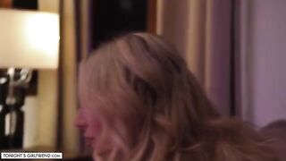 Busty blonde Kayley Gunner gets footjob through stockings