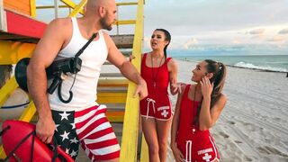 Two horny lifeguards share a cock in FFM action