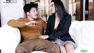 The girl next door is jerking my cock and sucking it well