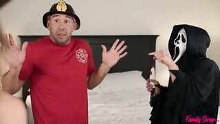 Unexpected visitors have fun with two young girls in a roleplay scene