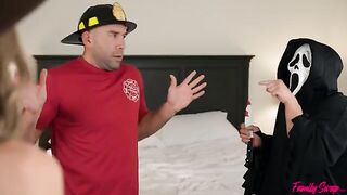 Unexpected visitors have fun with two young girls in a roleplay scene