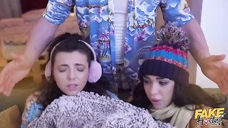 Their sweet pussies get wet during the hot threesome action