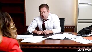 Two MILFs are having fun right in the office with a man
