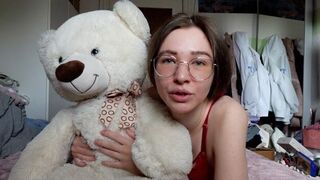 A young, slim schoolgirl reaches intense pleasure with her teddy bear companion
