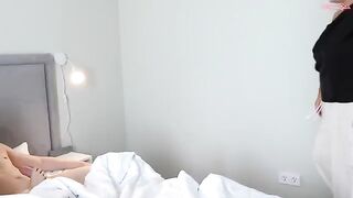 A cute girl bounces on a big mom’s bed with passion