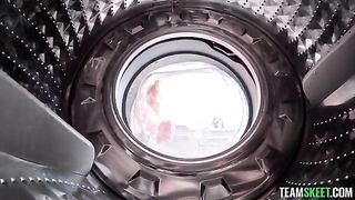 A girl was helped by a guy when the washing machine vibrated too much