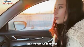 A girl knows how to keep warm in the car with a stranger