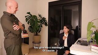 The employee's tongue works wonders, and her boss enjoys it very much