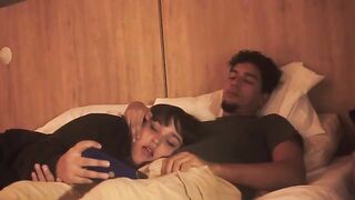 The guy was sleeping, but the girl was horny, so she came to him in bed